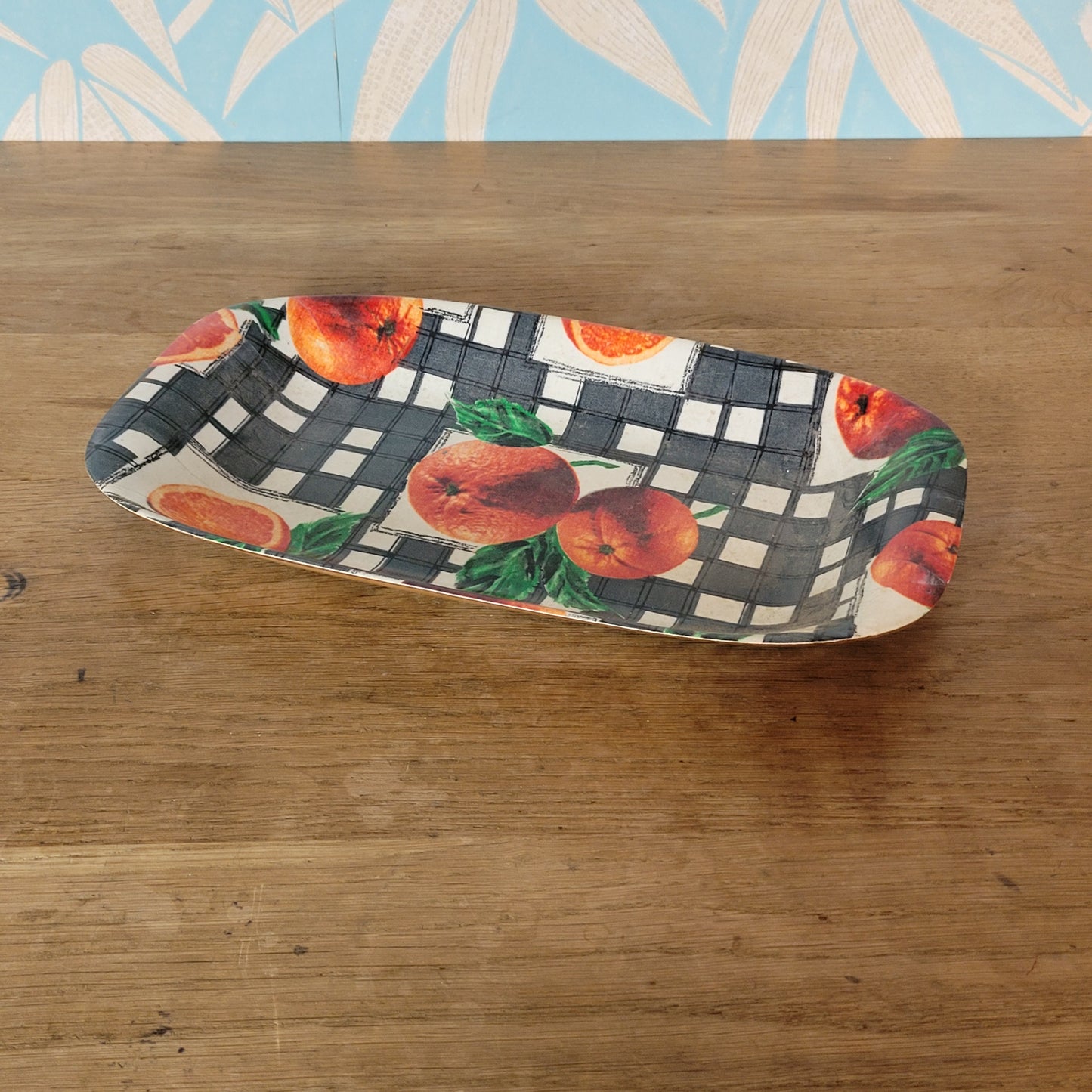 Vintage moulded ply veneer sandwich tray, monochrome checks & oranges