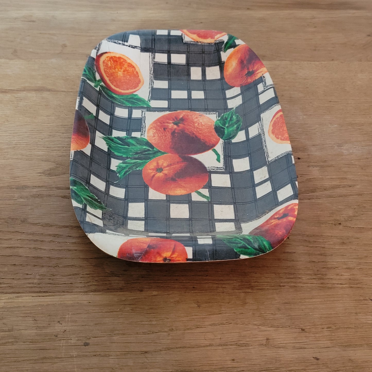 Vintage moulded ply veneer sandwich tray, monochrome checks & oranges