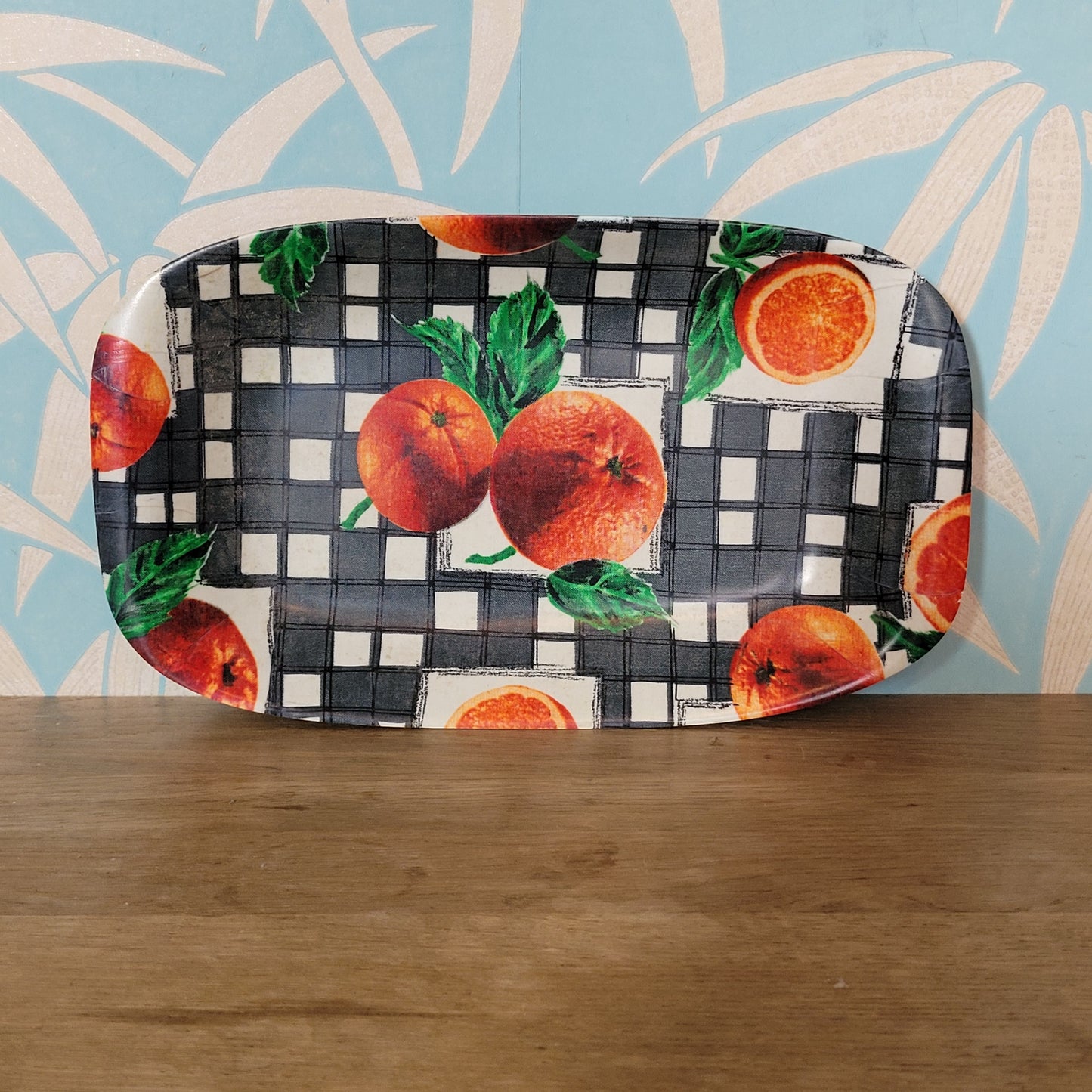 Vintage moulded ply veneer sandwich tray, monochrome checks & oranges