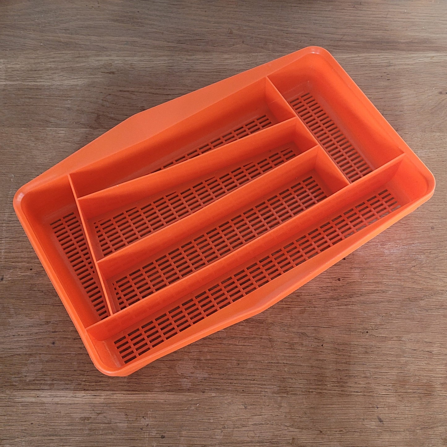 1970s plysu housewares orange plastic assymetric cutlery tray