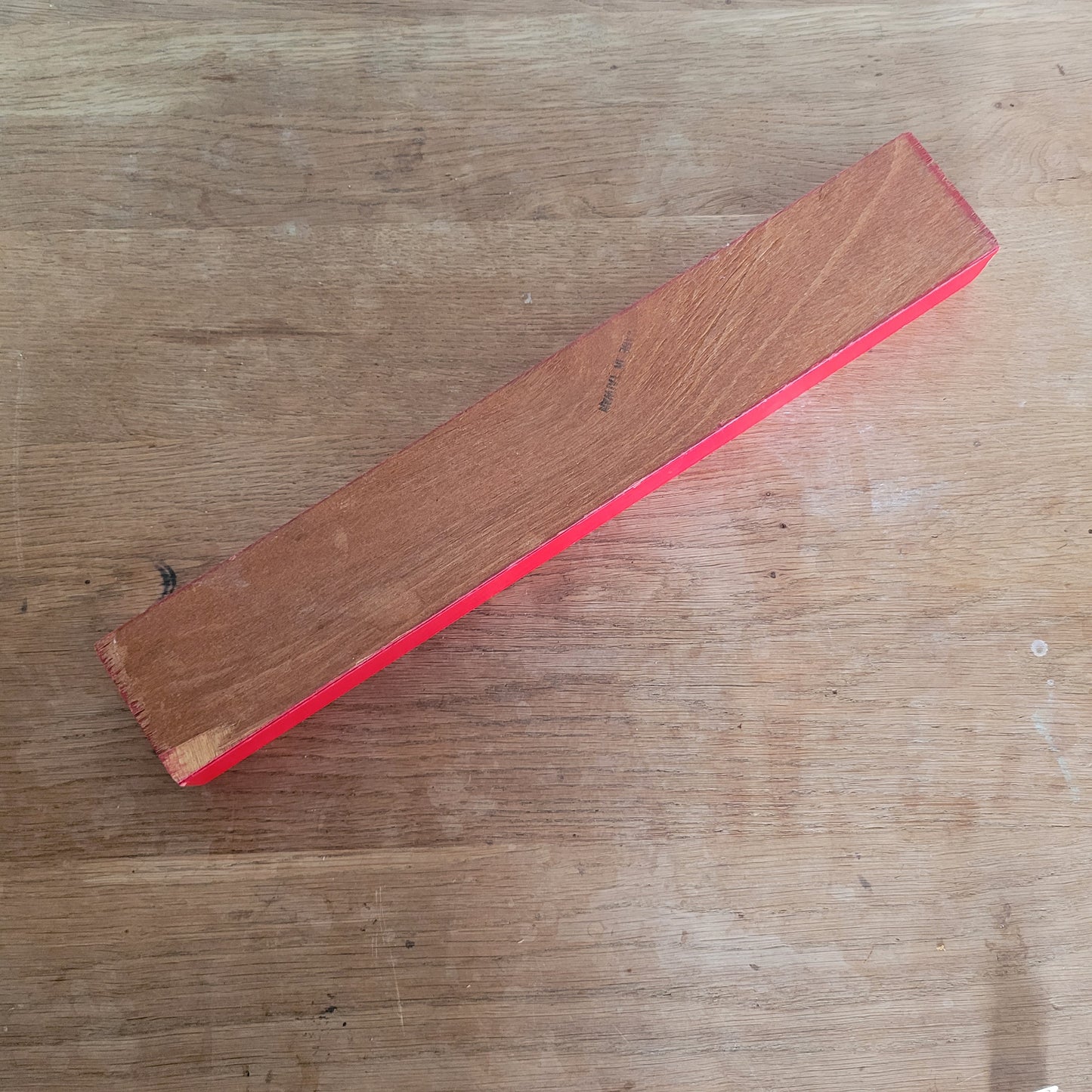 1970s red wooden knitting needle box with sliding lid, granny knitting motif