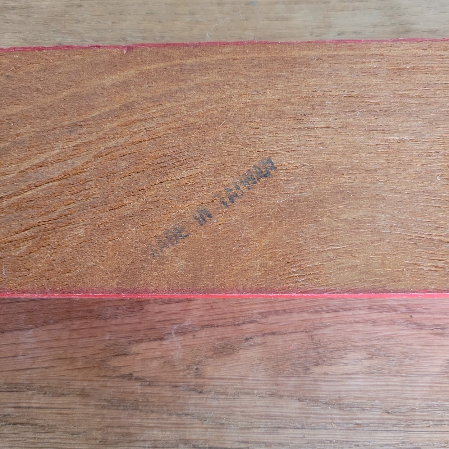 1970s red wooden knitting needle box with sliding lid, granny knitting motif