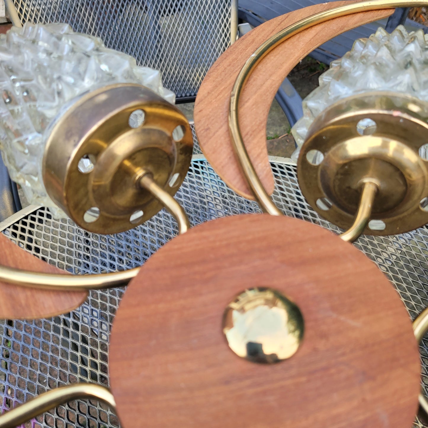 MCM atomic-style 5-arm teak & glass light fixture