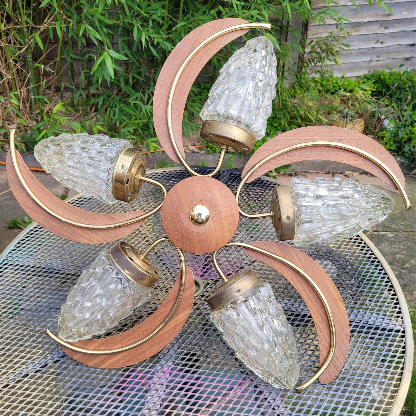 MCM atomic-style 5-arm teak & glass light fixture