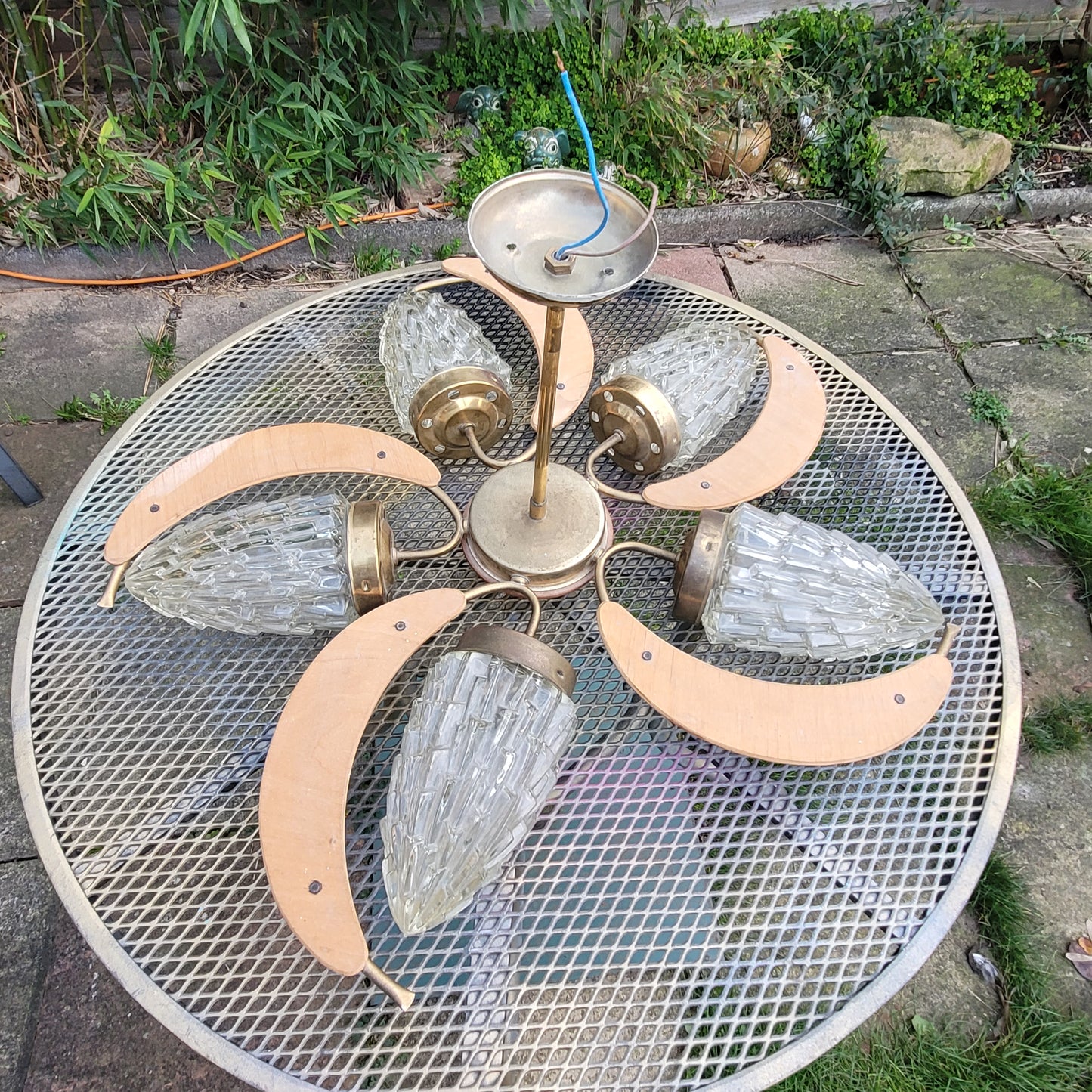 MCM atomic-style 5-arm teak & glass light fixture