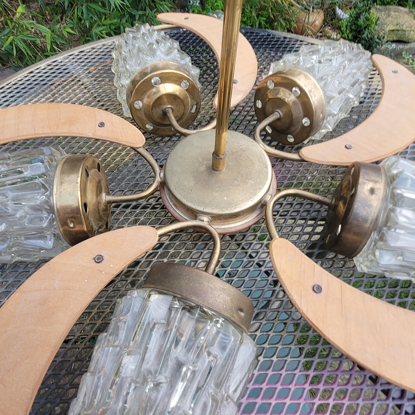 MCM atomic-style 5-arm teak & glass light fixture