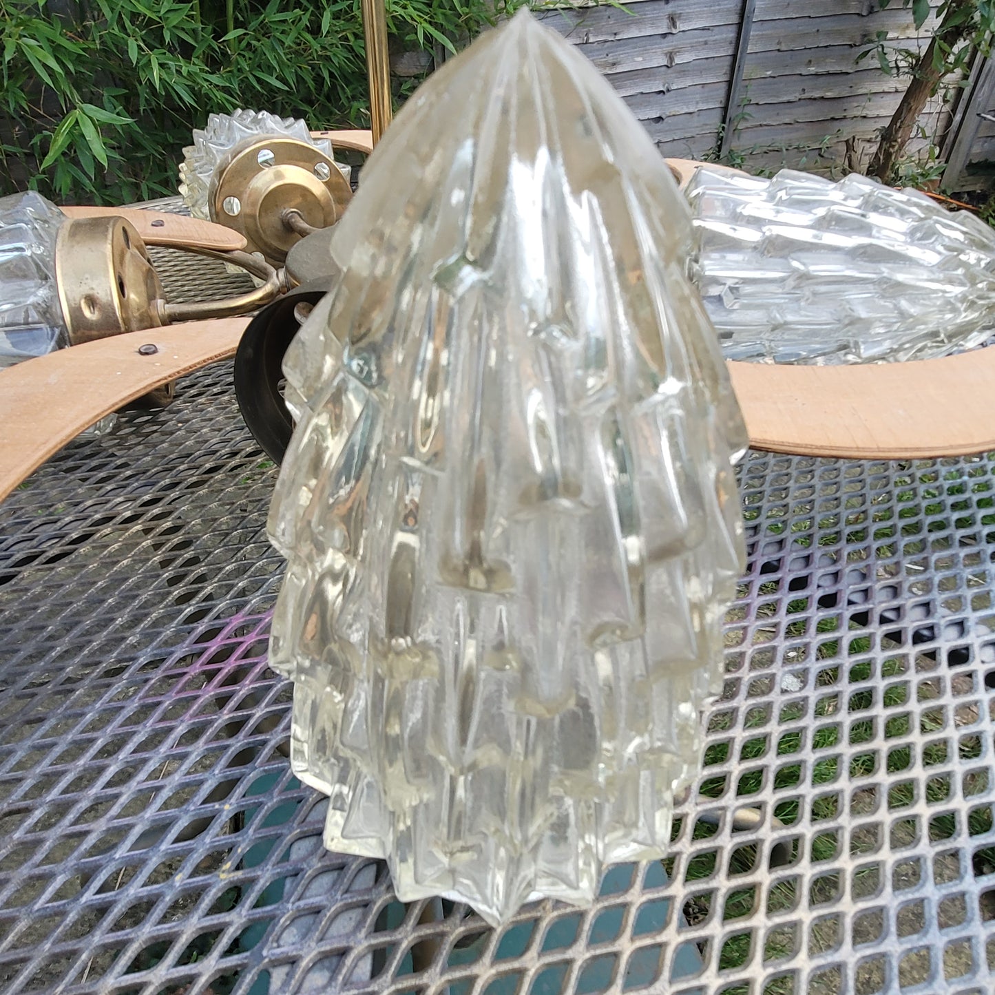 MCM atomic-style 5-arm teak & glass light fixture