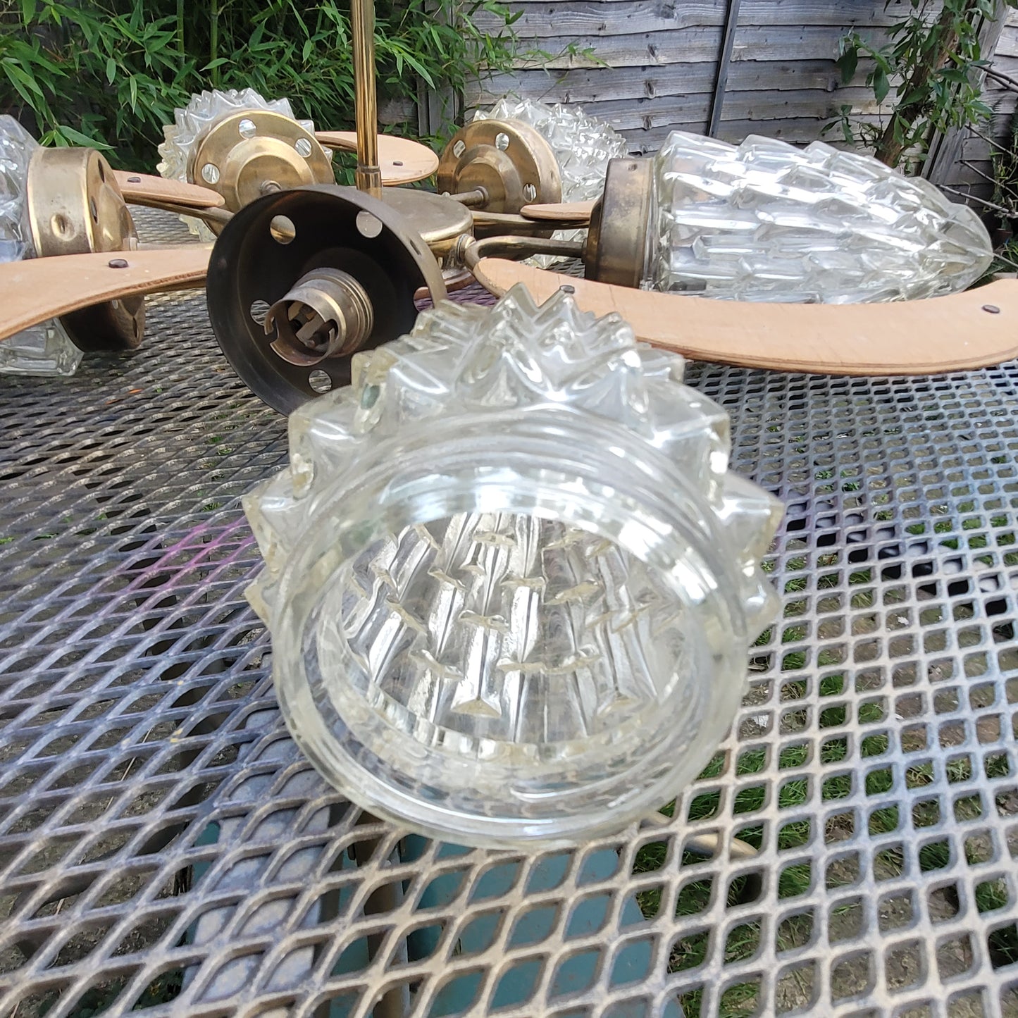 MCM atomic-style 5-arm teak & glass light fixture