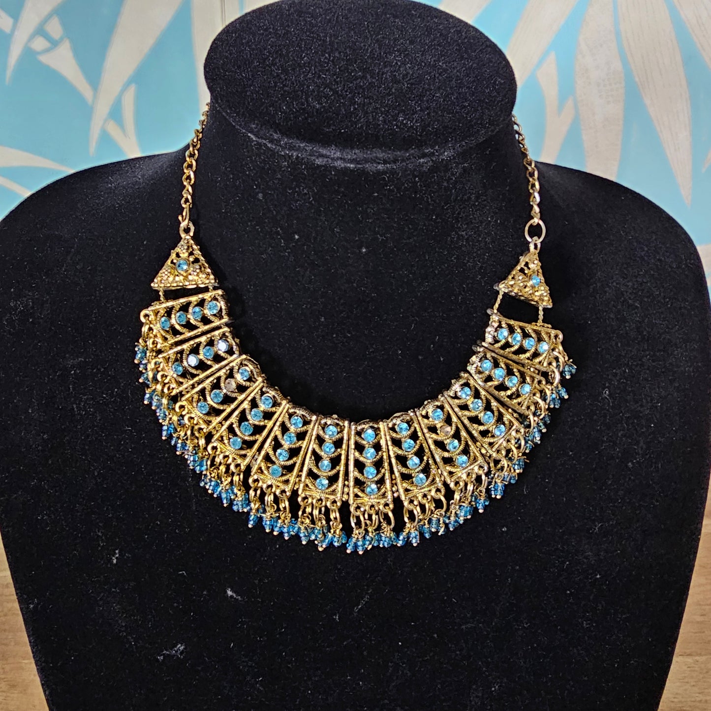 1960s/70s gold-tone & turquoise rhinestone statement bib necklace