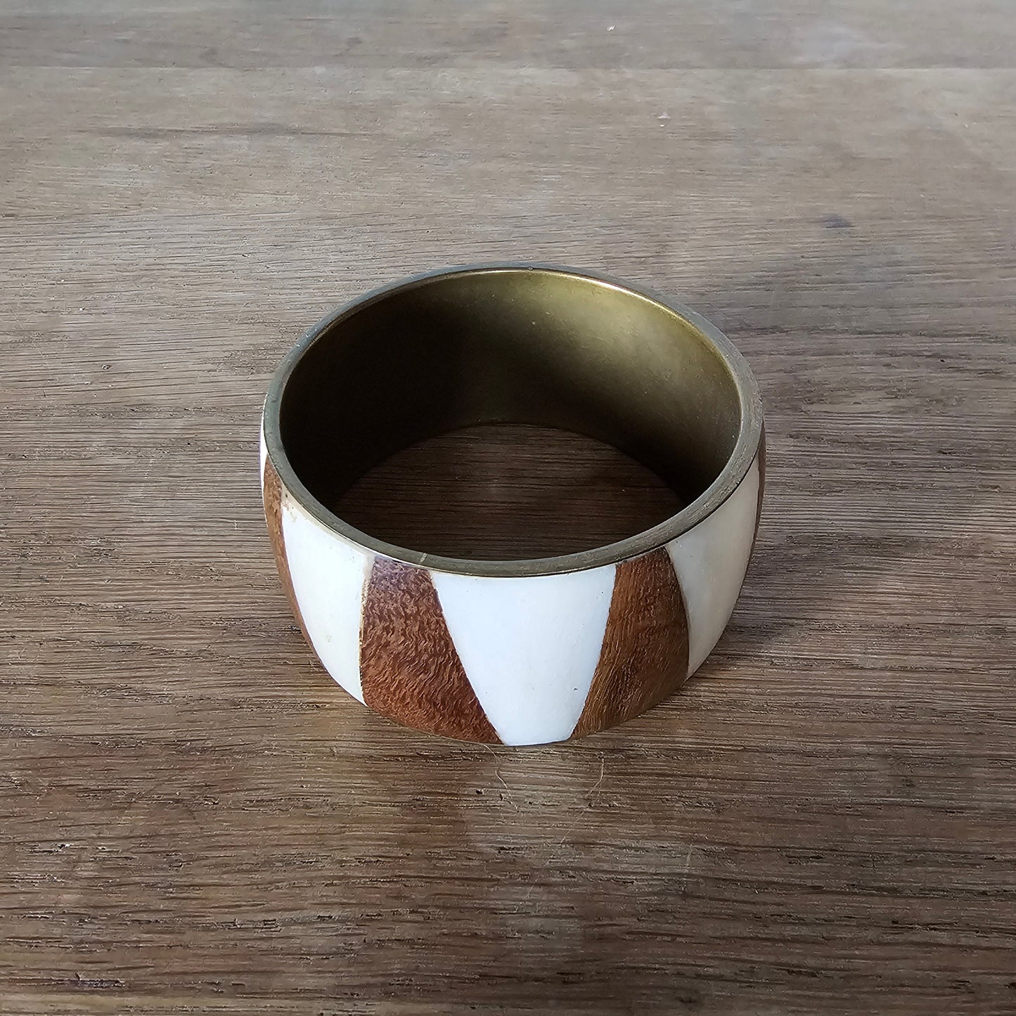 Vintage wood & bone Inlay wide bangle with brass lining