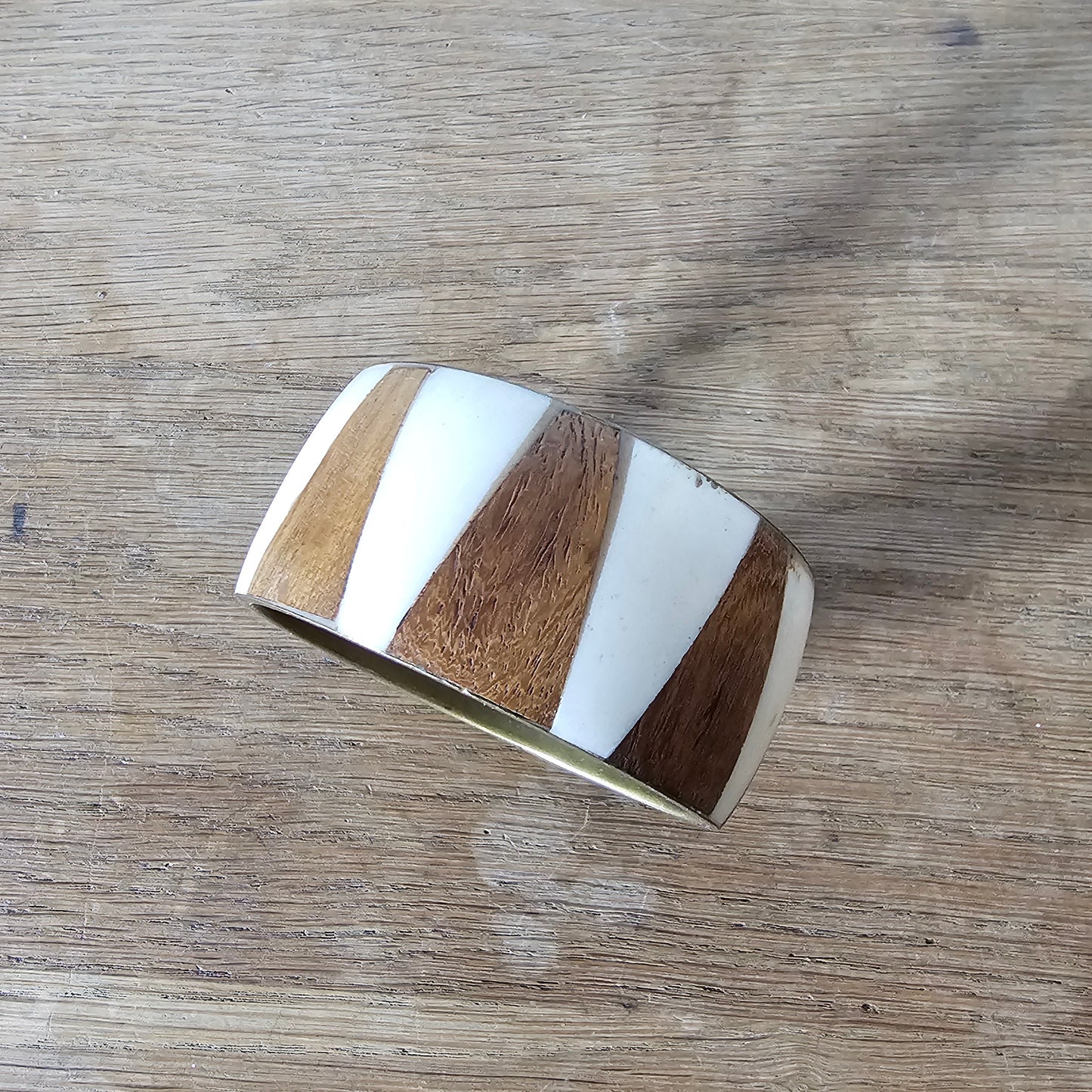 Vintage wood & bone Inlay wide bangle with brass lining