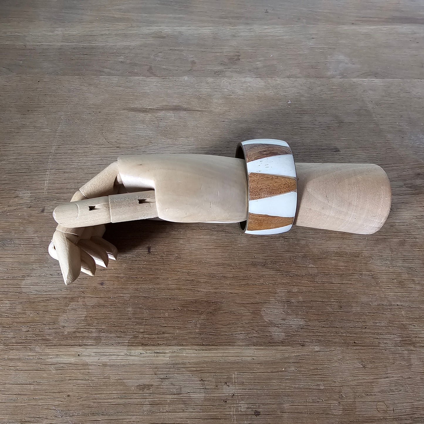 Vintage wood & bone Inlay wide bangle with brass lining