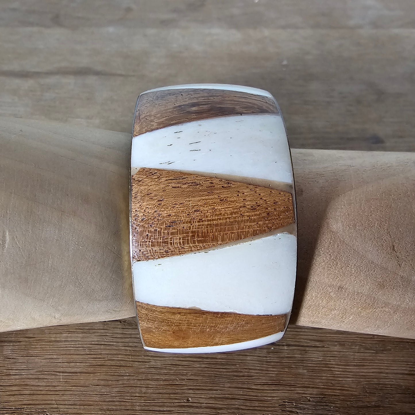 Vintage wood & bone Inlay wide bangle with brass lining