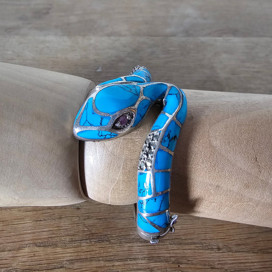 Vintage silver, marcasite & turquoise inlay hinged snake bracelet