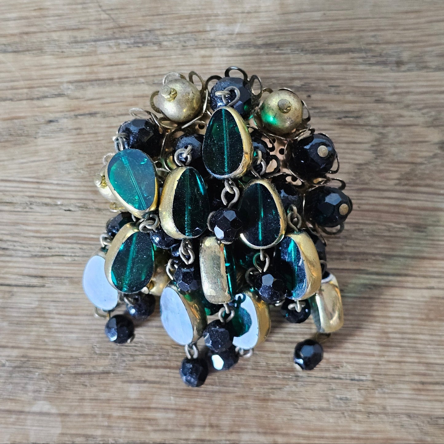 1950s green art glass & black bead cluster dangle brooch
