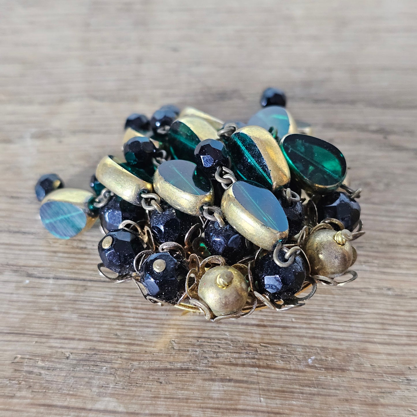 1950s green art glass & black bead cluster dangle brooch