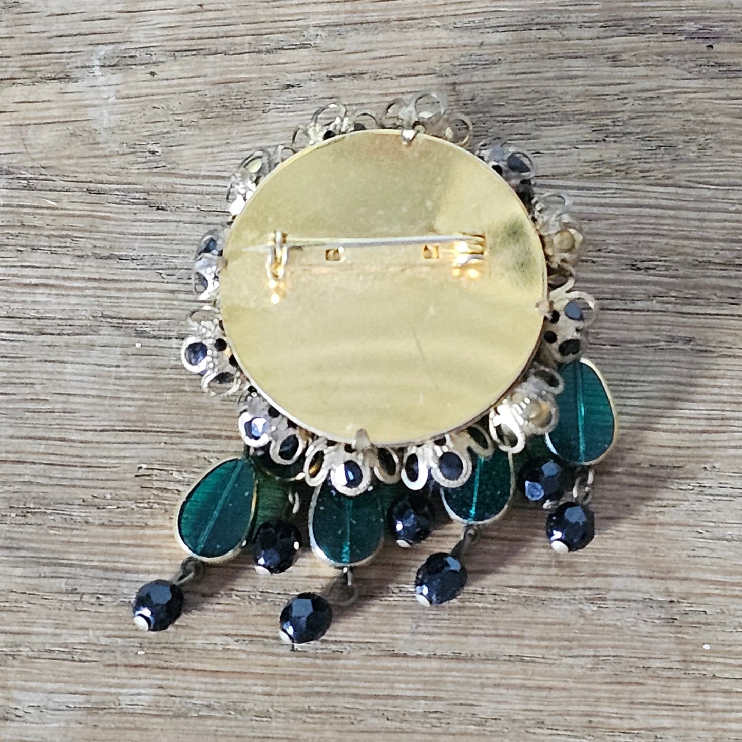 1950s green art glass & black bead cluster dangle brooch