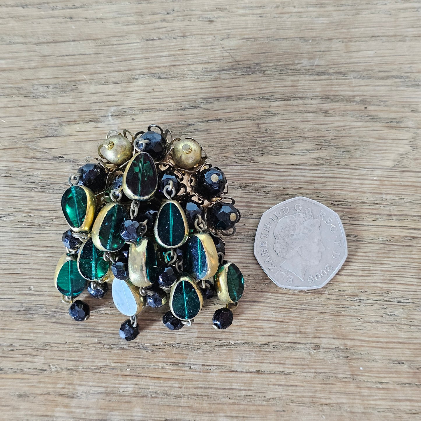 1950s green art glass & black bead cluster dangle brooch