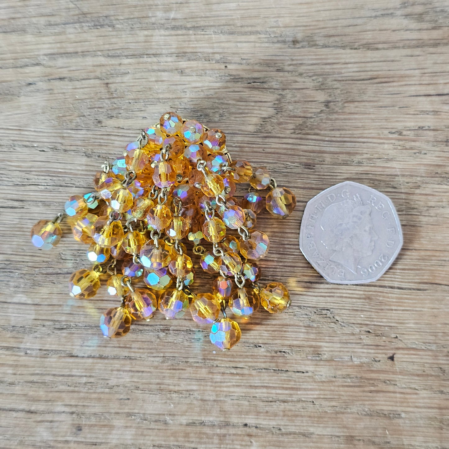1950s/60s amber Aurora Borealis crystal dangle brooch with faceted glass bead fringe