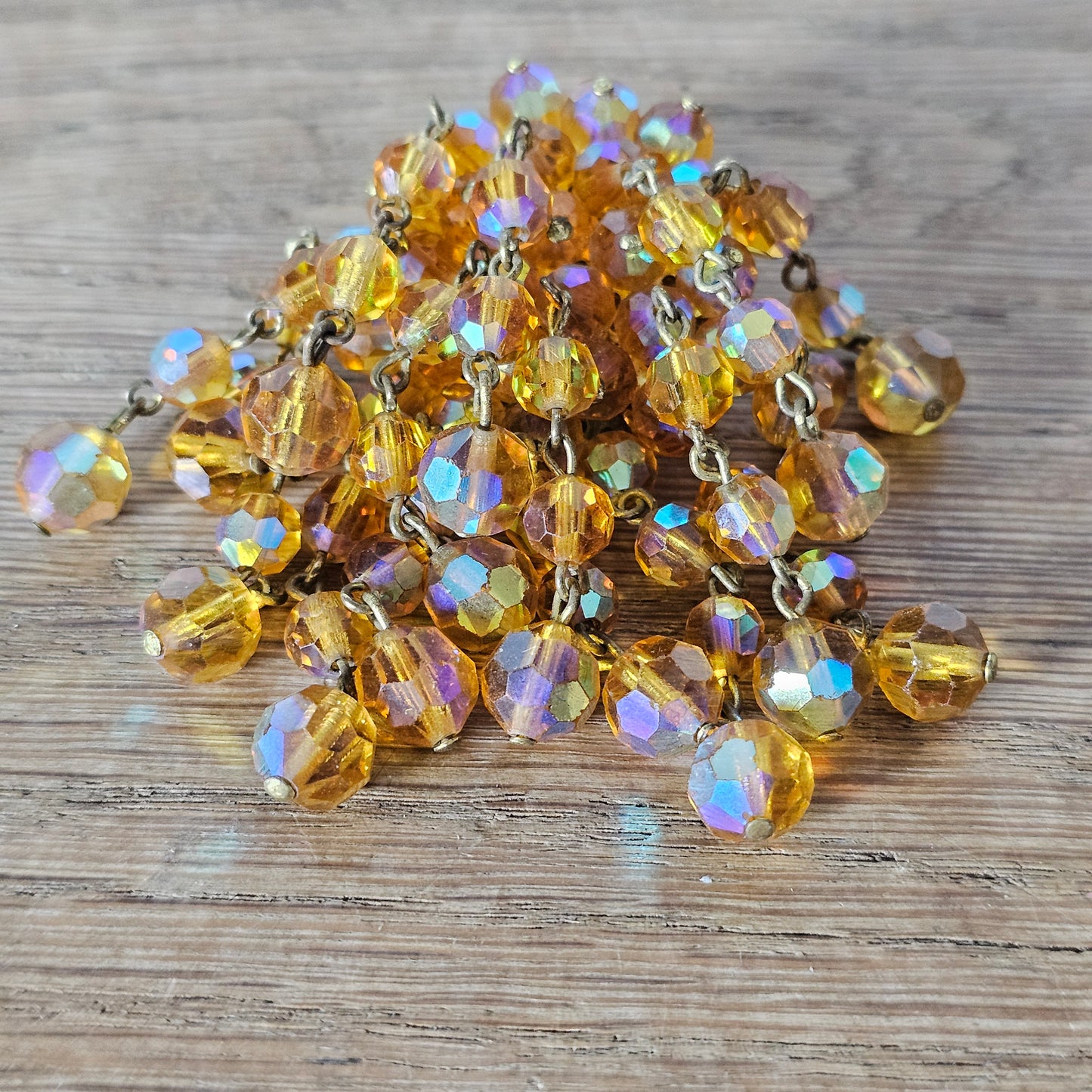 1950s/60s amber Aurora Borealis crystal dangle brooch with faceted glass bead fringe