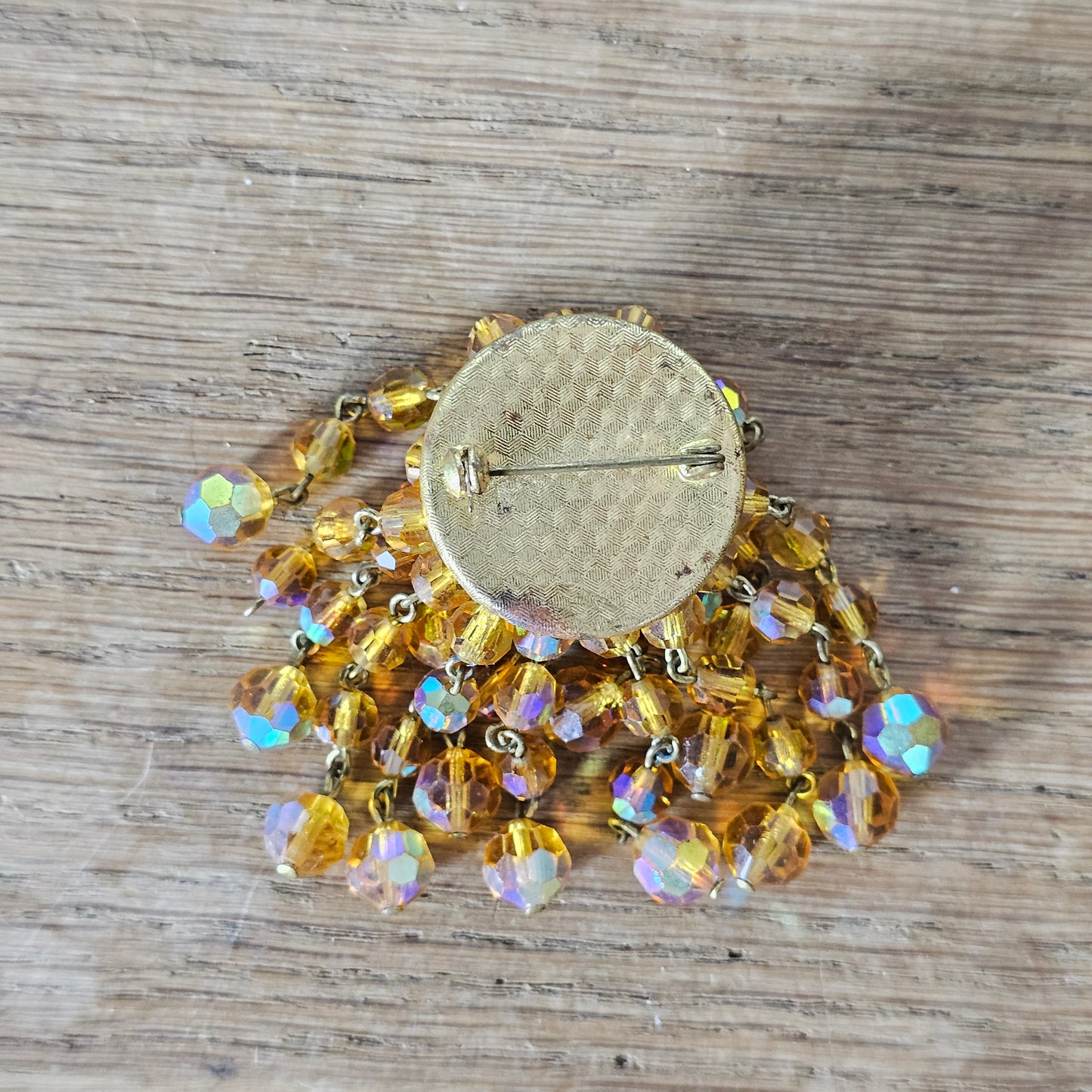 1950s/60s amber Aurora Borealis crystal dangle brooch with faceted glass bead fringe