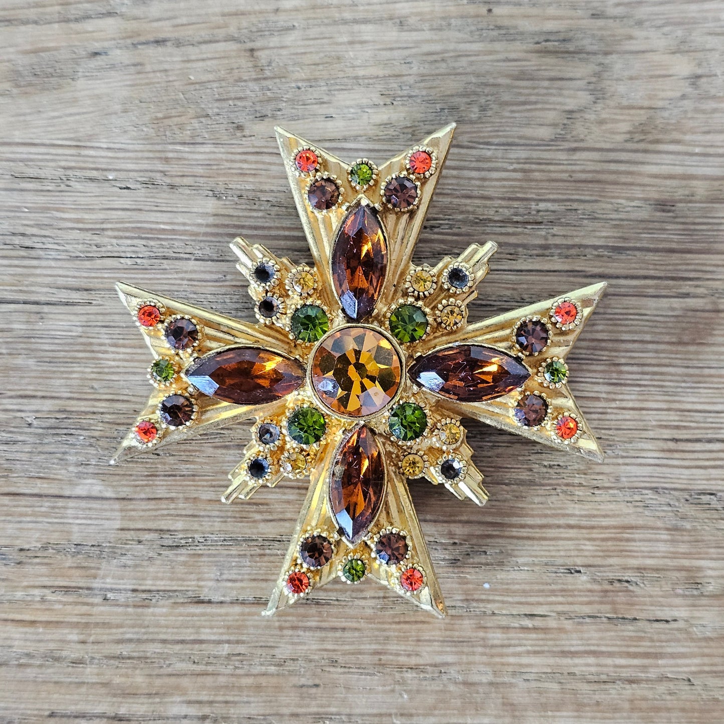 Large 1960s Sphinx gold-tone & multicoloured rhinestone Maltese Cross brooch
