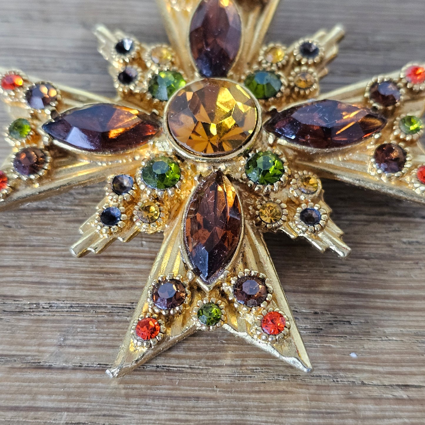 Large 1960s Sphinx gold-tone & multicoloured rhinestone Maltese Cross brooch