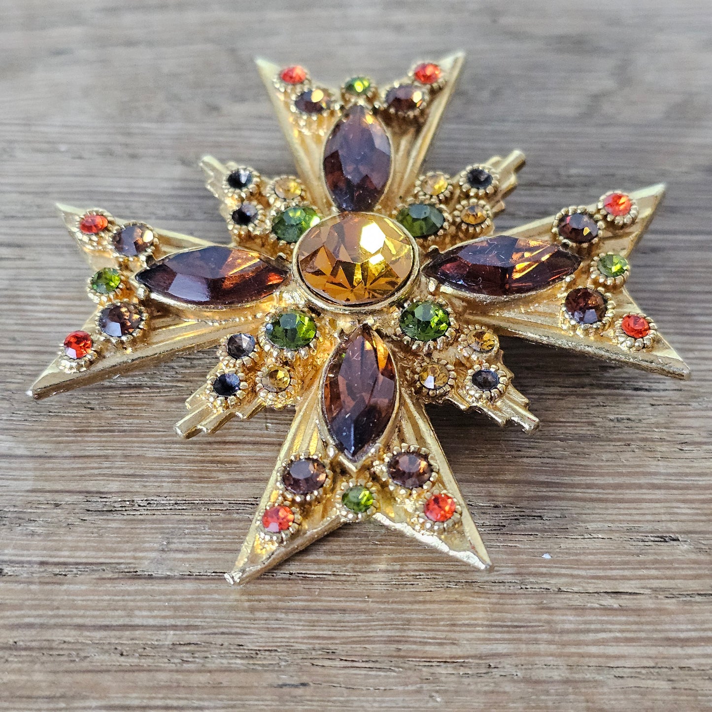 Large 1960s Sphinx gold-tone & multicoloured rhinestone Maltese Cross brooch