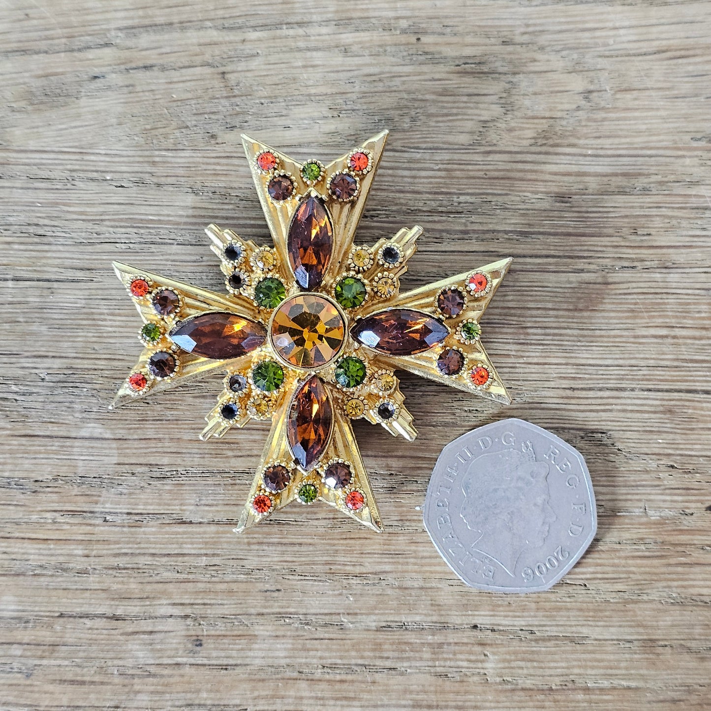 Large 1960s Sphinx gold-tone & multicoloured rhinestone Maltese Cross brooch