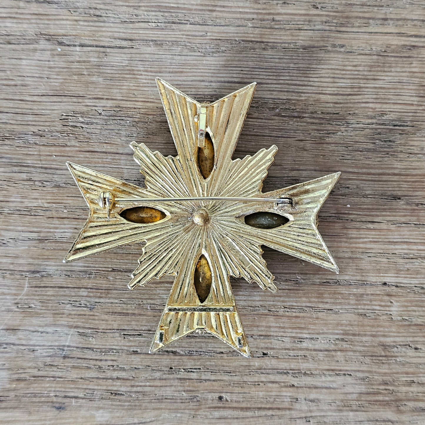Large 1960s Sphinx gold-tone & multicoloured rhinestone Maltese Cross brooch
