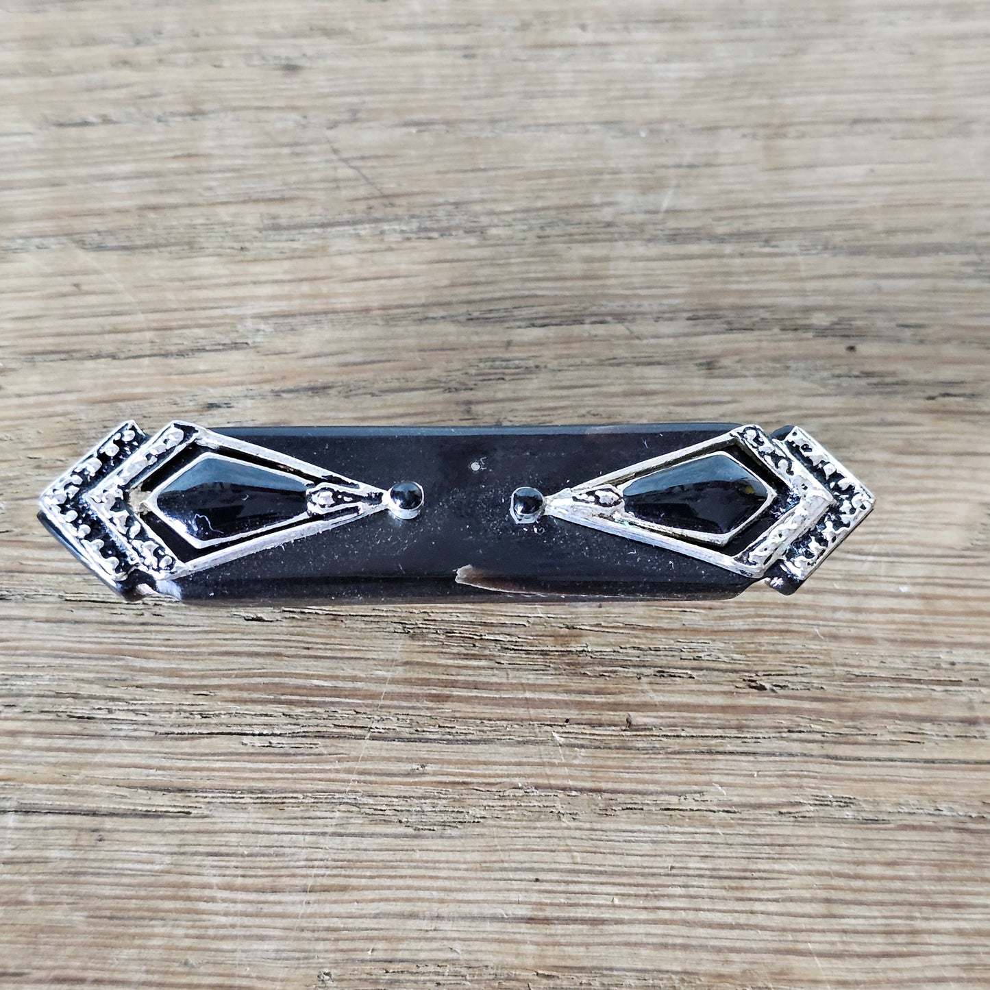 Vintage Art Deco silver-tone & black horn geometric bar brooch