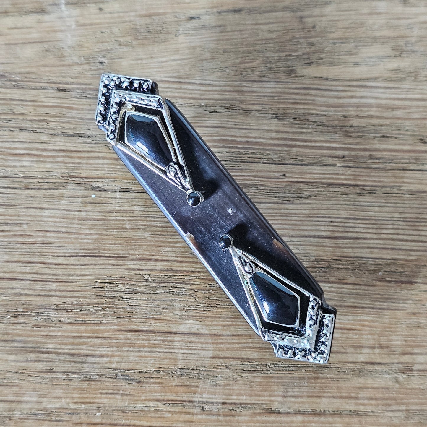 Vintage Art Deco silver-tone & black horn geometric bar brooch