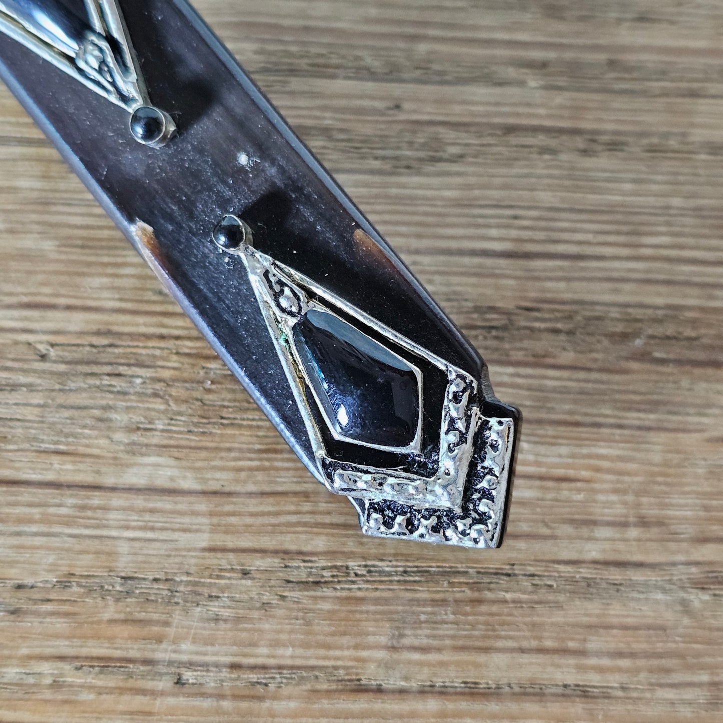 Vintage Art Deco silver-tone & black horn geometric bar brooch