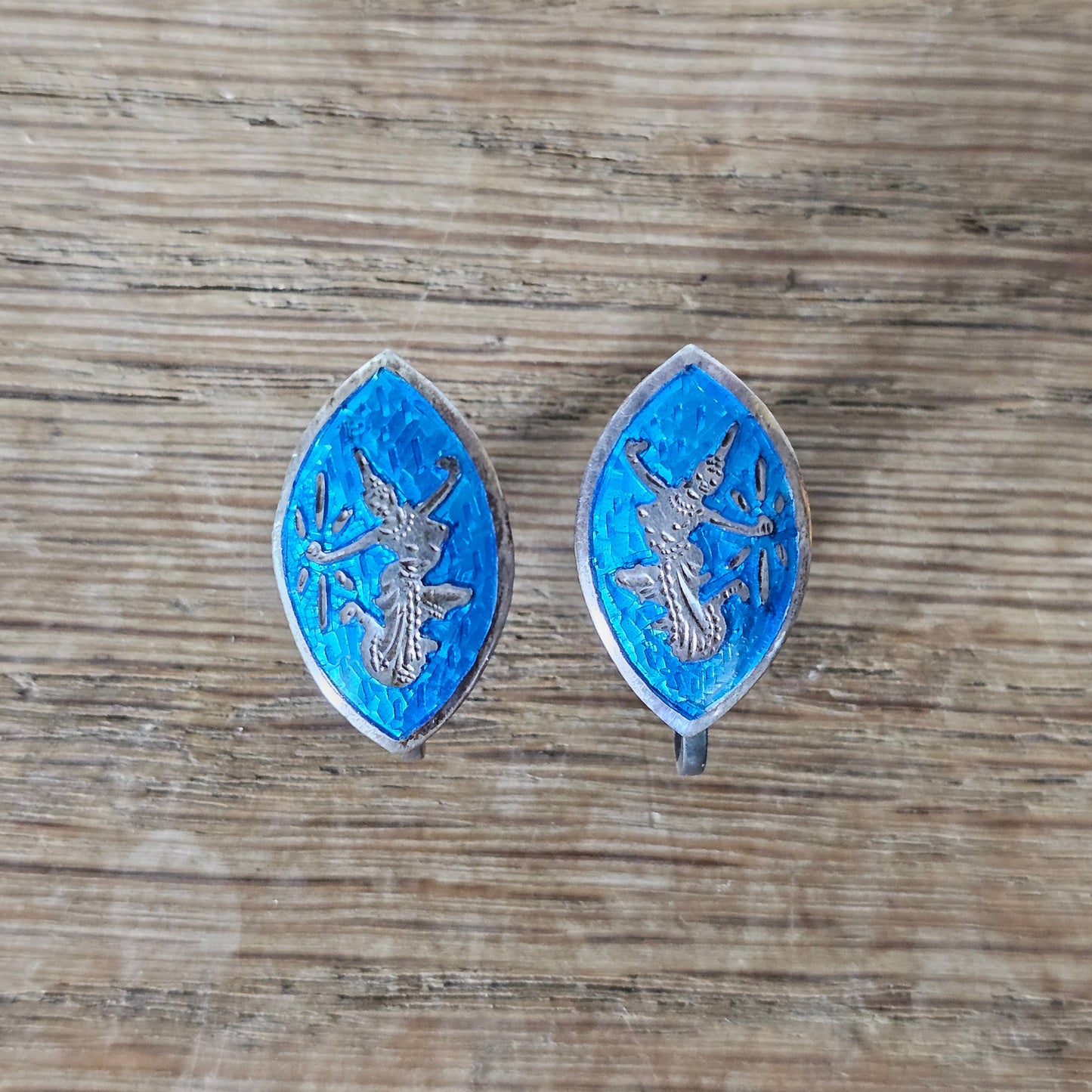 1960s/70s Siam sterling silver & blue enamel Thai goddess Niello-style screw-back earrings