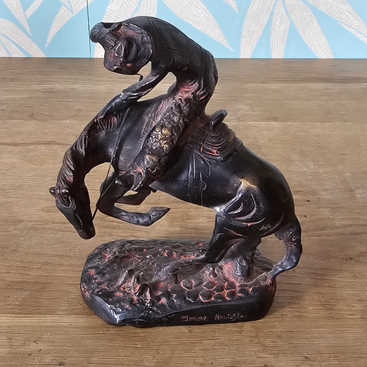 Vintage Frederic Remington cold-cast bronze sculpture of a rearing horse & rider after The Rattlesnake