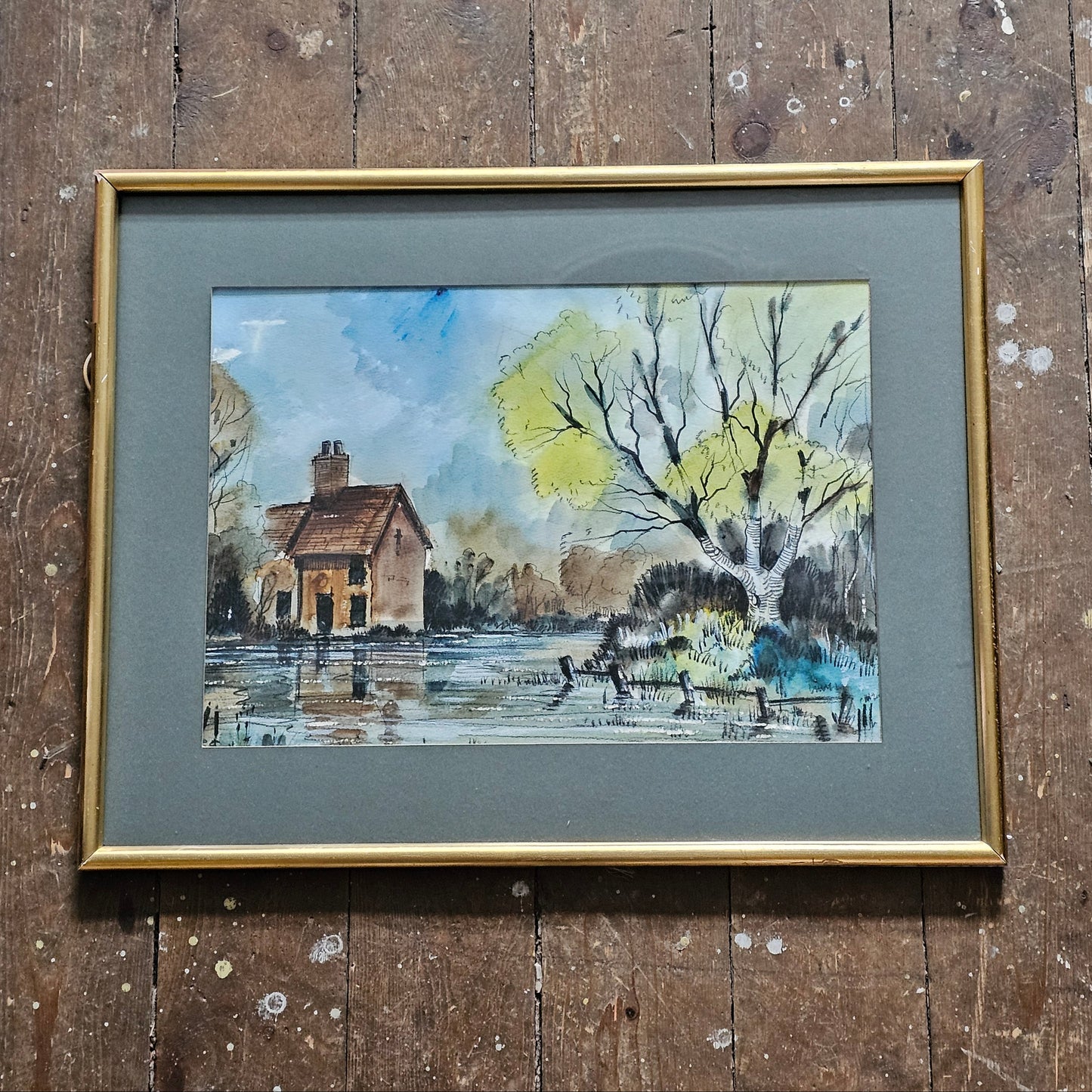Mid-century original framed watercolour cottage landscape painting