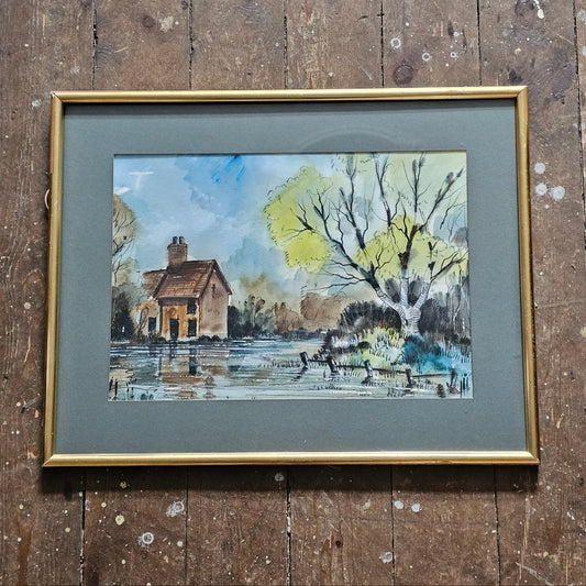 Mid-century original framed watercolour cottage landscape painting