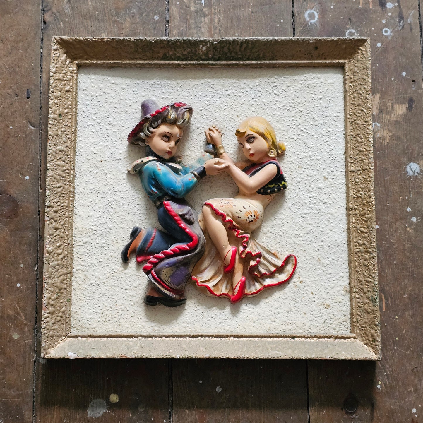 1950s Italian 3D chalkware Spanish dancing couple wall plaque