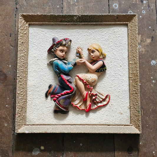 1950s Italian 3D chalkware Spanish dancing couple wall plaque