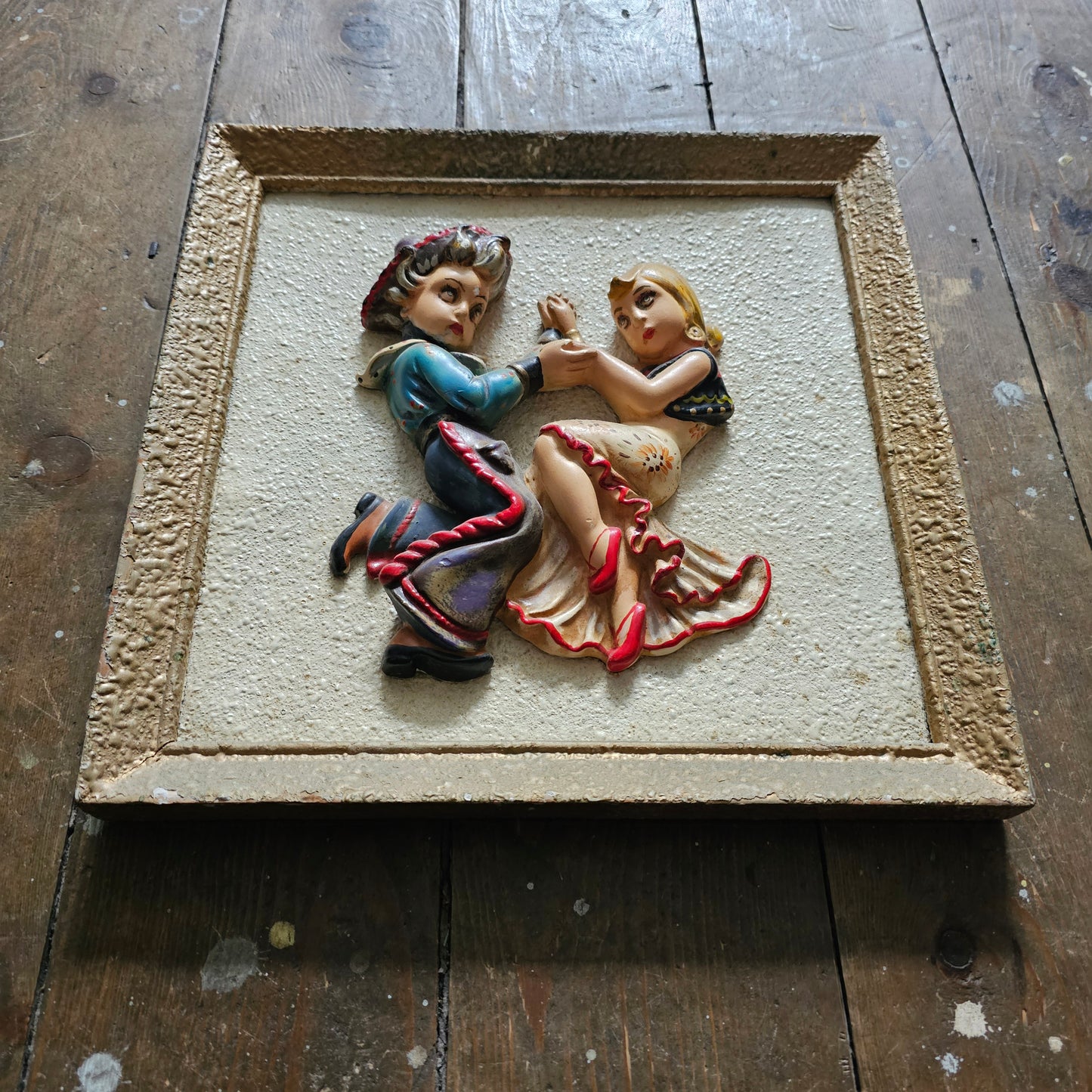1950s Italian 3D chalkware Spanish dancing couple wall plaque