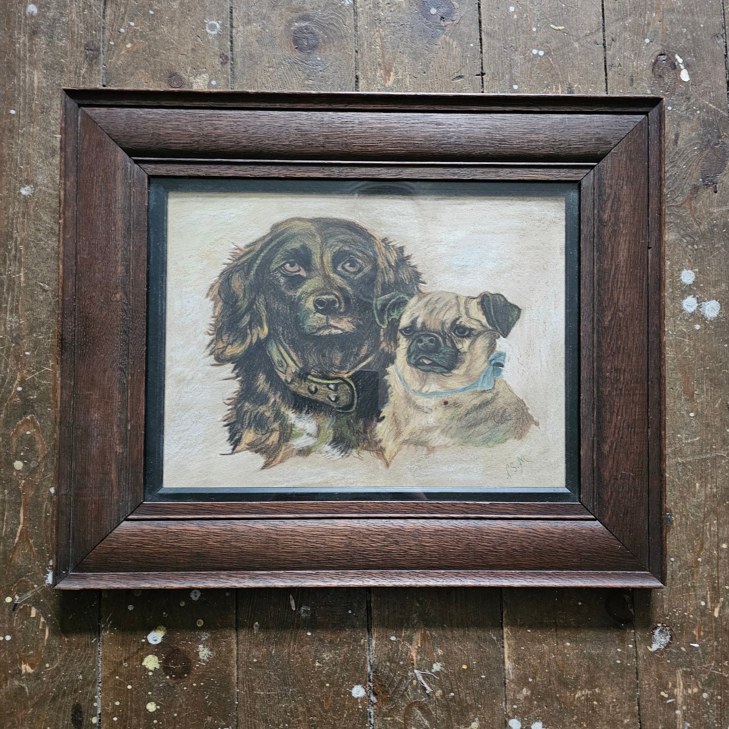 Vintage signed pastel study after a 19th-century composition depicting a spaniel & pug