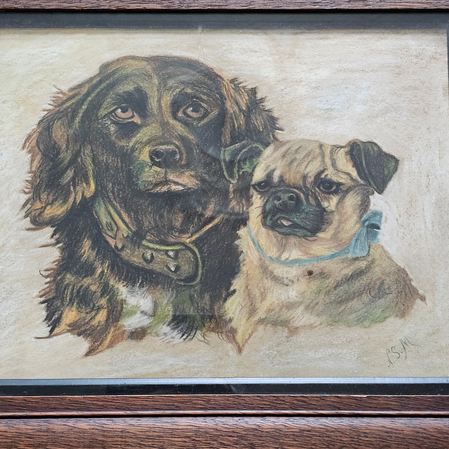 Vintage signed pastel study after a 19th-century composition depicting a spaniel & pug