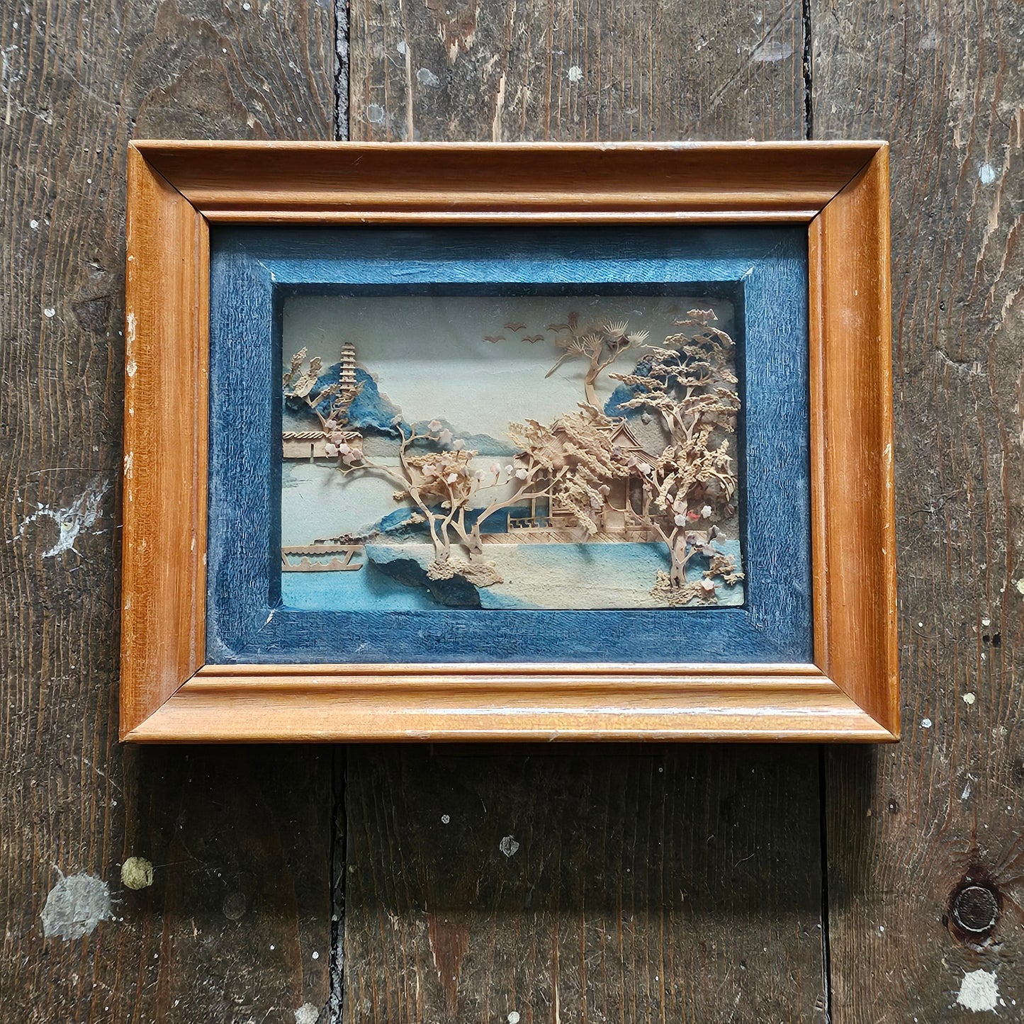 1960s Asian cork diorama landscape shadow box picture