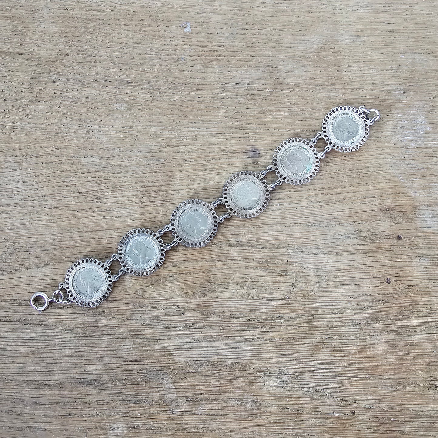 Vintage British Sixpence coin link bracelet