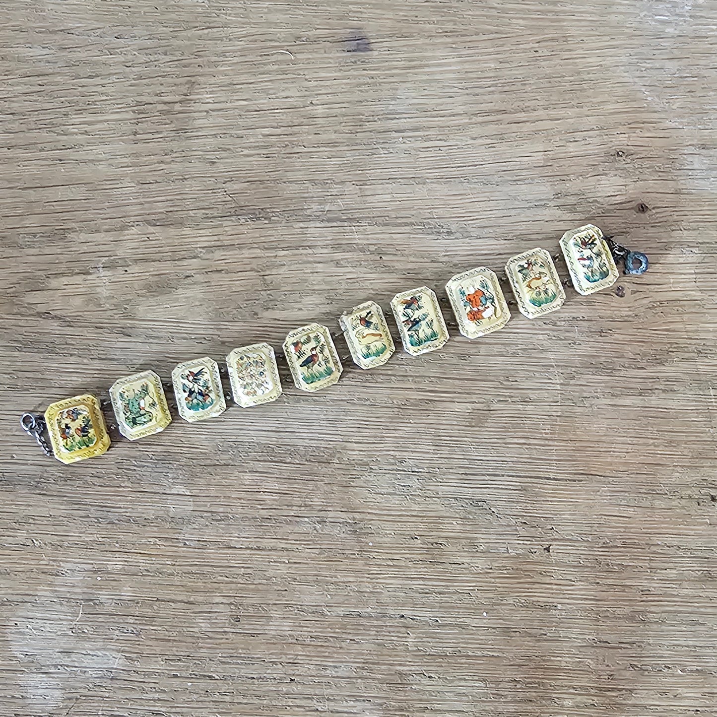 Mid-century hand-painted mother of pearl scenic panel bracelet