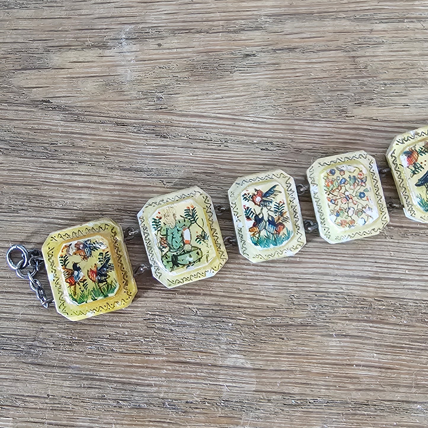 Mid-century hand-painted mother of pearl scenic panel bracelet
