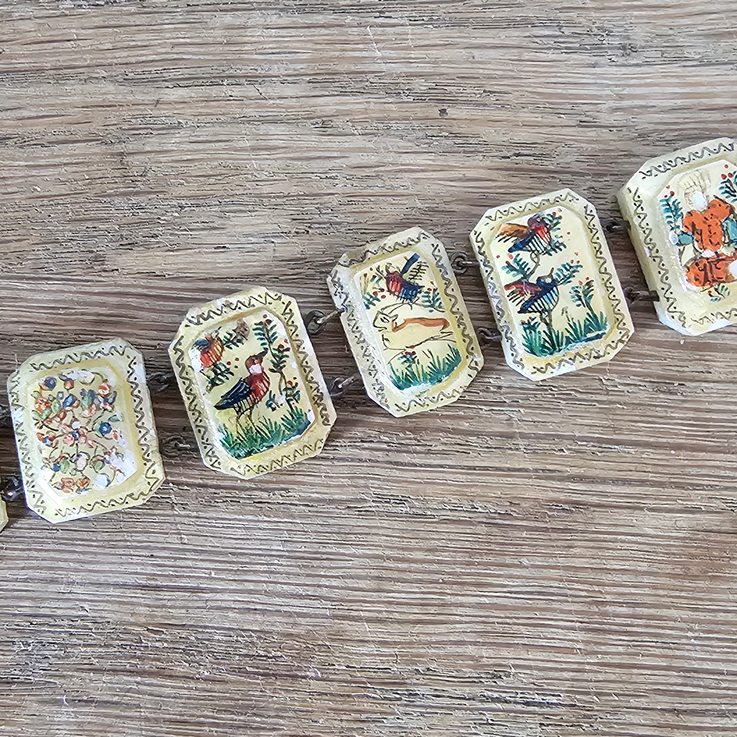 Mid-century hand-painted mother of pearl scenic panel bracelet