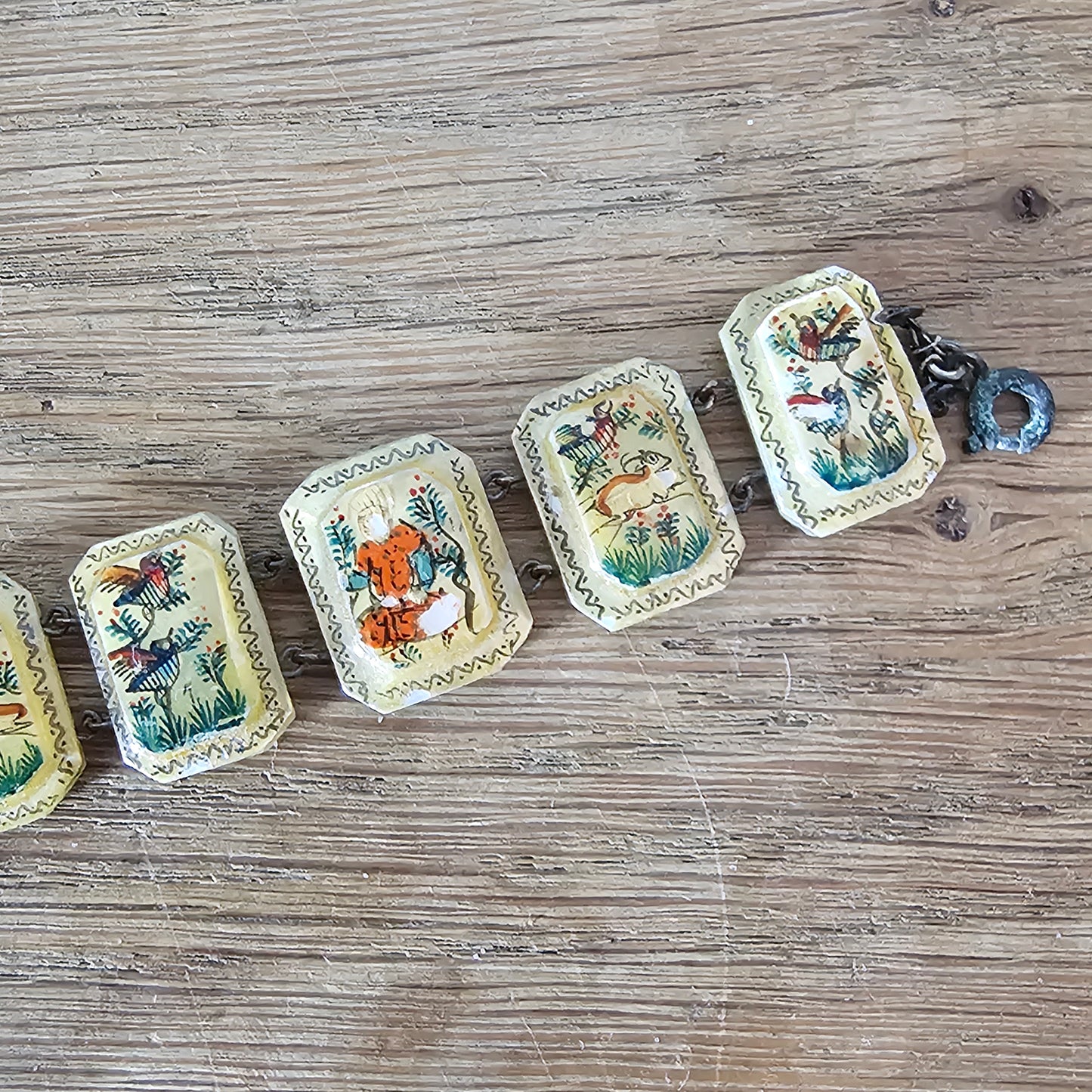 Mid-century hand-painted mother of pearl scenic panel bracelet