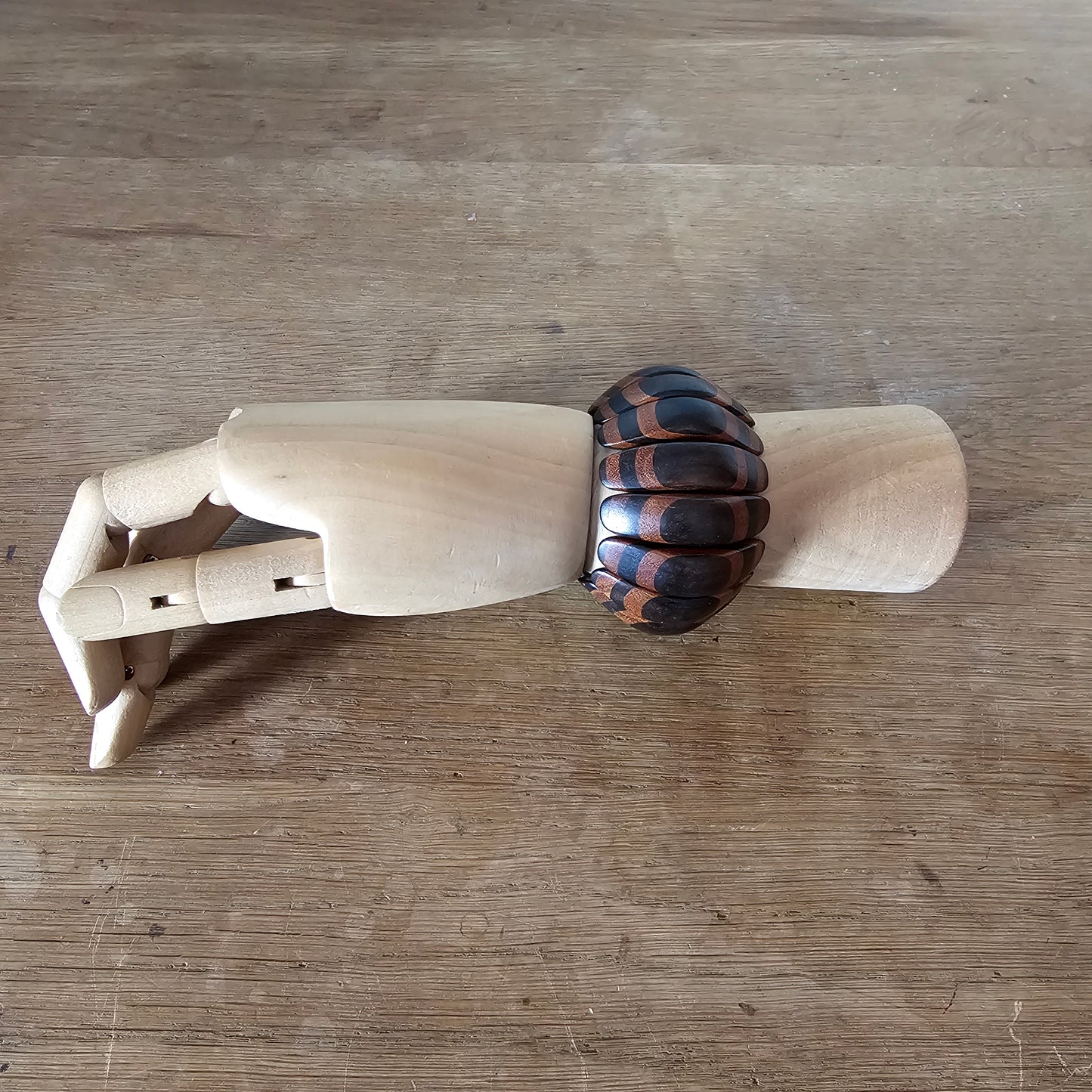 1980s/90s chunky wooden stretch brown striped bead segment bracelet