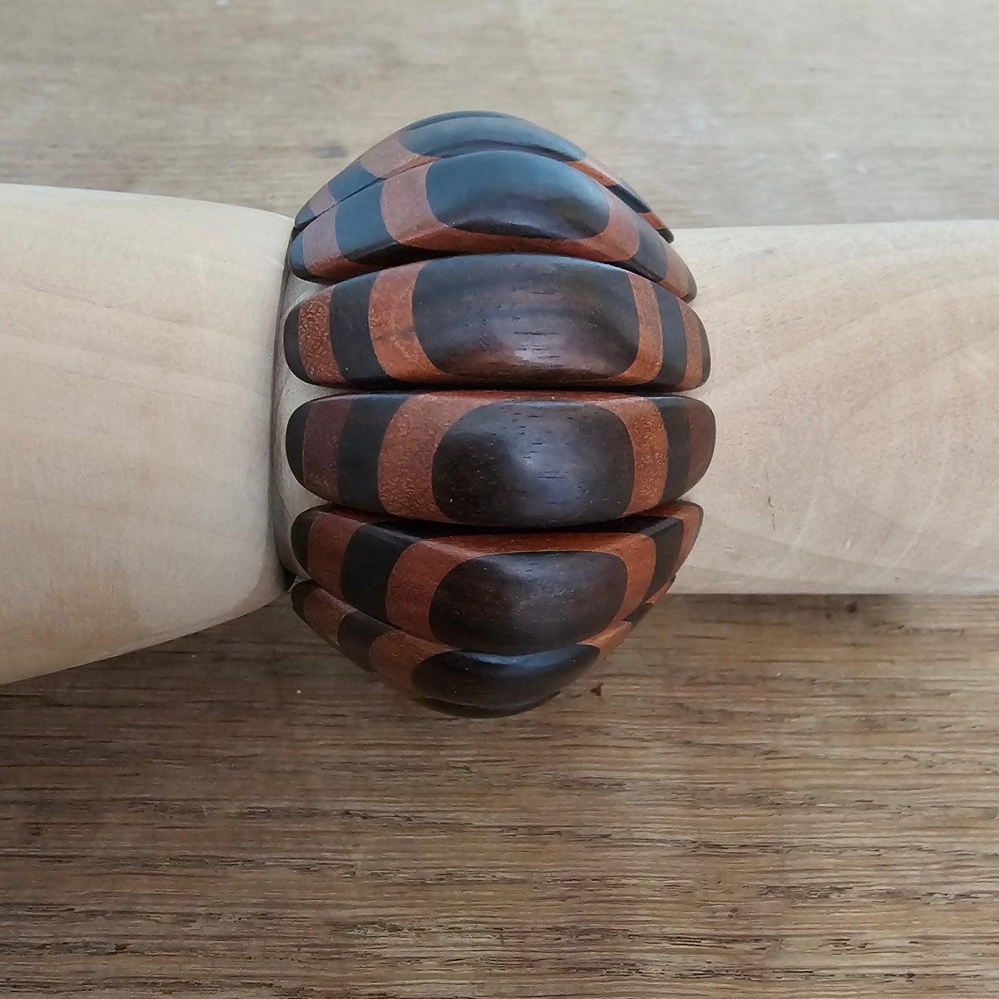 1980s/90s chunky wooden stretch brown striped bead segment bracelet